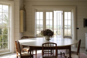 Bazeley House - dining room,wood panneling,french doors