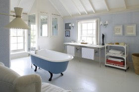 Bazeley House - bath -  roll top,bathroom,bright colours,floor - light,floor - wooden,period