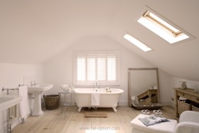 The Boathouse - bath -  roll top,bathroom,floor - light,floor - wooden,mirror,modern,white space
