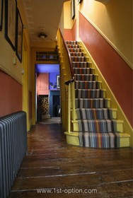Brixton House - bright colours,floor - dark,floor - wooden,staircase,hallway,period