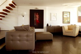 City Penthouse - floor - dark,floor - tiled,living room,modern