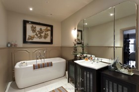 Craft House - bathroom,dark colours,mirror,modern,wood panneling