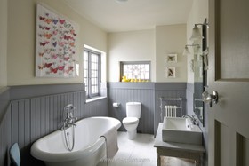 Craft House - bath -  roll top,bathroom,dark colours,floor - light,floor - tiled,wood panneling
