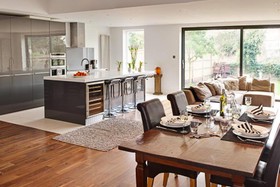 Evans Place - floor - wooden,modern,kitchen,kitchen island,floor - dark
