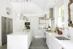 Hampton Lodge - floor - dark,floor - tiled,kitchen island,kitchen,modern