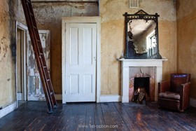 The House - mirror,floor - wooden,distressed walls,fireplace,floor - dark