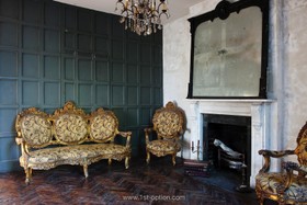 The House - living room,fireplace,period,antique furniture,wood panneling,dark colours
