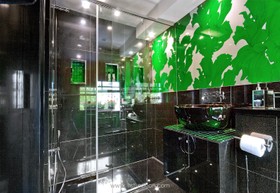 Montagu House - modern,bathroom,wallpaper,floor - tiled,dark colours,shower,floor - dark,wetroom,quirky