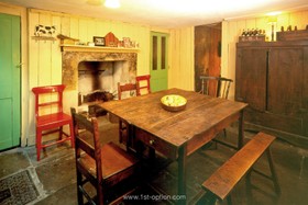 Princelet Street - bright colours,dining room,period,fireplace,floor - concrete,wood panneling