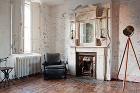 Ruby House - antique furniture,derelict,distressed walls,fireplace,floor - wooden,living room,mirror,period,retro/vintage