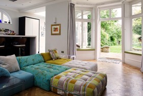 Strawberry Vale - bright colours,floor - wooden,french doors,living room,modern