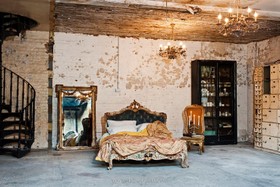 Studio East - antique bed,antique furniture,bedroom,distressed walls,floor - concrete,mirror,opulent,shabby chic