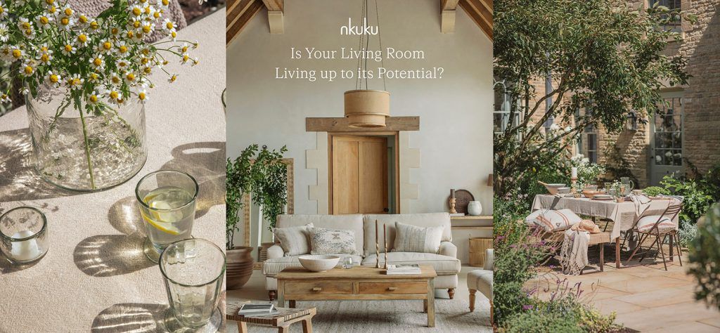 three images side by side, first is a tablescape with daisies in a glass vase, alongside two drinking glasses and a tea light candle, set on a natural tablecloth. Second is a cream sofa in a barn with cream walls and a warm wooden door partially open. Third is an outside dining scene with olive trees on a patio, the table is dressed. 