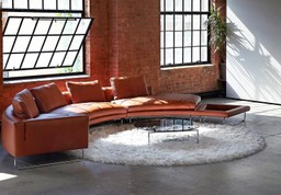 Exposed brick, crittall windows, concrete floors, stylish curved sofa