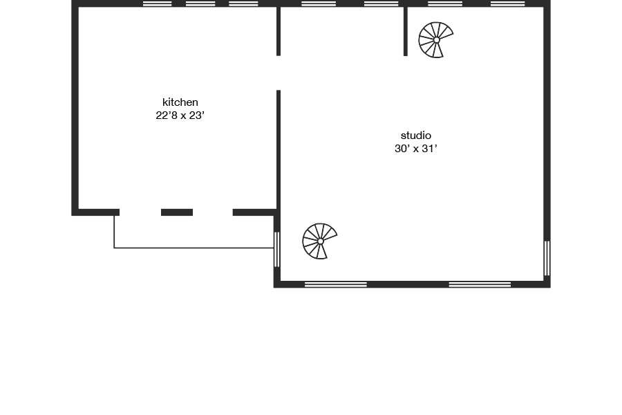 First Option Studio - studio exposed brick rustic kitchen island with hob moveable island shoreditch studio central london studios - floorplan